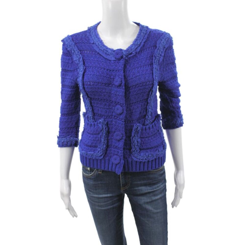 Rachel Roy Womens Blue Cotton Cardigan 3/4 Sleeve Round Neck Size XS